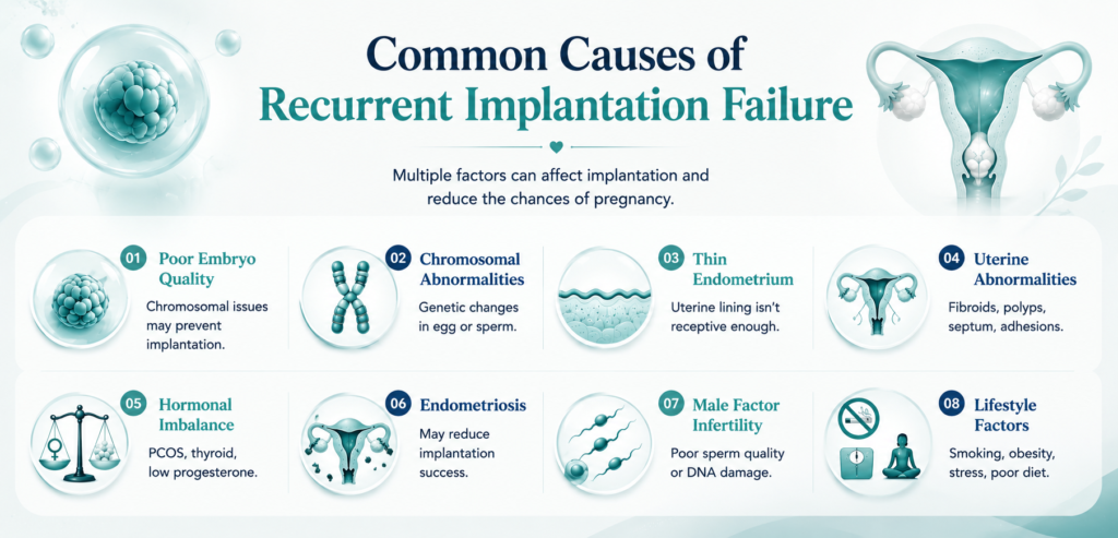 Implantation fails when an embryo cannot attach to the lining of the uterus. The main causes are embryo genetic issues, uterine problems, and hormonal imbalances