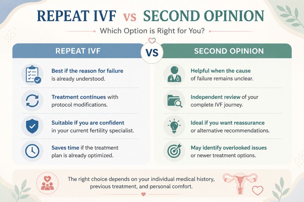 Repeat IVF vs Second Opinion: Which Is Better? Dr. Meenu Handa, one of the best fertility doctor in gurgaon explains, the better option depends on the reason for your failed IVF cycle. Repeat IVF may be suitable if the cause is known, while a second opinion can help if the reason is unclear or you want another expert's perspective.