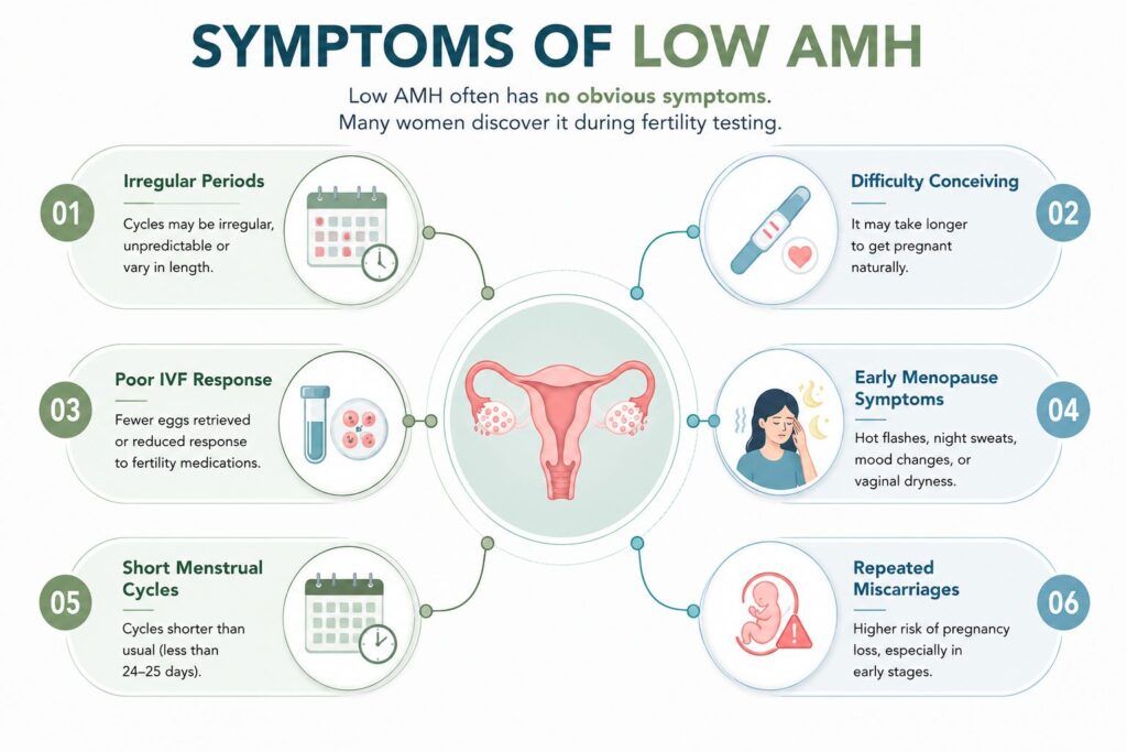 Low Anti-Müllerian Hormone (AMH) levels usually do not cause noticeable symptoms. However, they are often linked to reduced ovarian reserve, difficulty conceiving, irregular or shorter menstrual cycles, and early menopausal changes. Many women only discover they have low AMH during a fertility evaluation or AMH blood test. Early consultation with a fertility specialist can help identify the best treatment options to improve pregnancy outcomes.