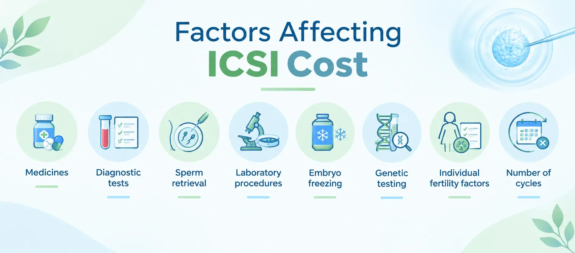 Dr. Meenu Handa's guide to factors affecting ICSI cost — medicines, diagnostic tests, sperm retrieval, lab procedures, embryo freezing, genetic testing, individual fertility factors, and number of cycles.