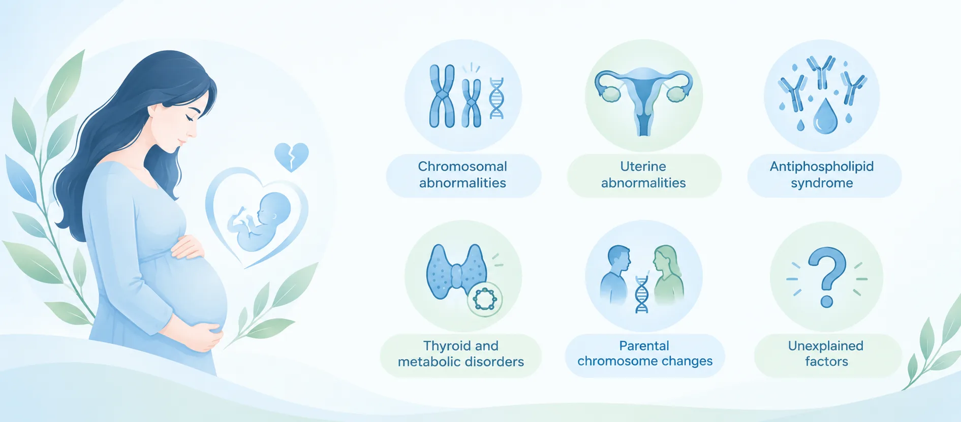 Medical infographic illustrating causes of recurrent pregnancy loss, including chromosomal abnormalities, uterine abnormalities, antiphospholipid syndrome, thyroid and metabolic disorders, parental chromosome changes, and unexplained factors, by Dr. Meenu Handa.