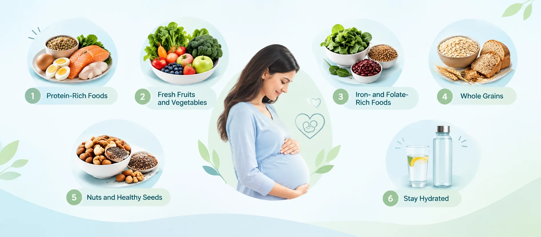 Dr. Meenu Handa's recommended diet after embryo transfer featuring six food categories to eat: protein-rich foods, fresh fruits and vegetables, iron- and folate-rich foods, whole grains, nuts and seeds, and staying hydrated, with an illustration of a pregnant woman