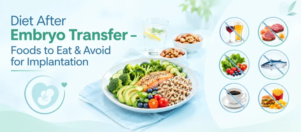 Diet after embryo transfer guide by Dr. Meenu Handa showing foods to eat and avoid for implantation, including a healthy plate of salmon, broccoli, avocado, and quinoa alongside icons for foods to avoid