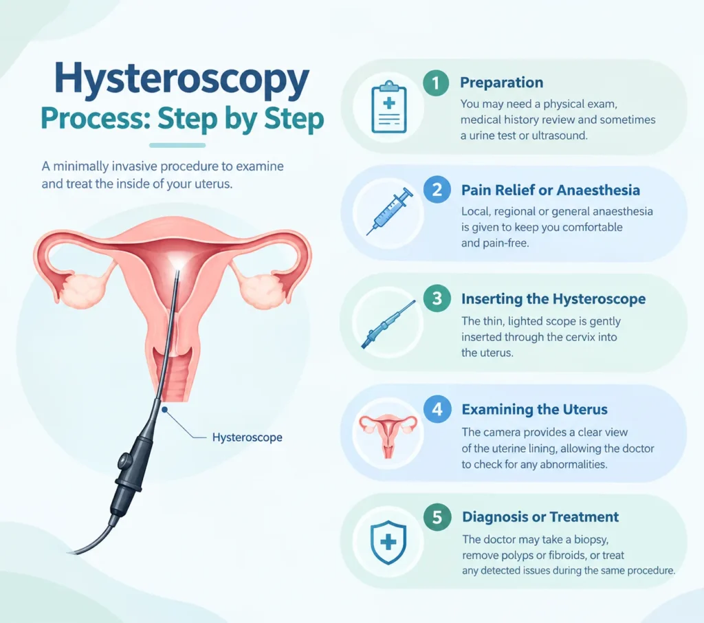 Infographic by Dr. Meenu Handa showing the 5 steps of the hysteroscopy process: preparation, pain relief or anaesthesia, inserting the hysteroscope, examining the uterus, and diagnosis or treatment, with an illustration of a hysteroscope inside the uterus.