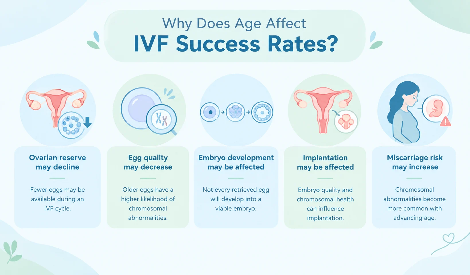 Infographic by Dr. Meenu Handa explaining why age affects IVF success rates, showing five factors: declining ovarian reserve, decreased egg quality, affected embryo development, affected implantation, and increased miscarriage risk.
