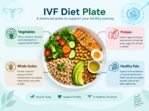 IVF diet plate showing vegetables, protein, whole grains and healthy fats for a balanced diet during IVF treatment