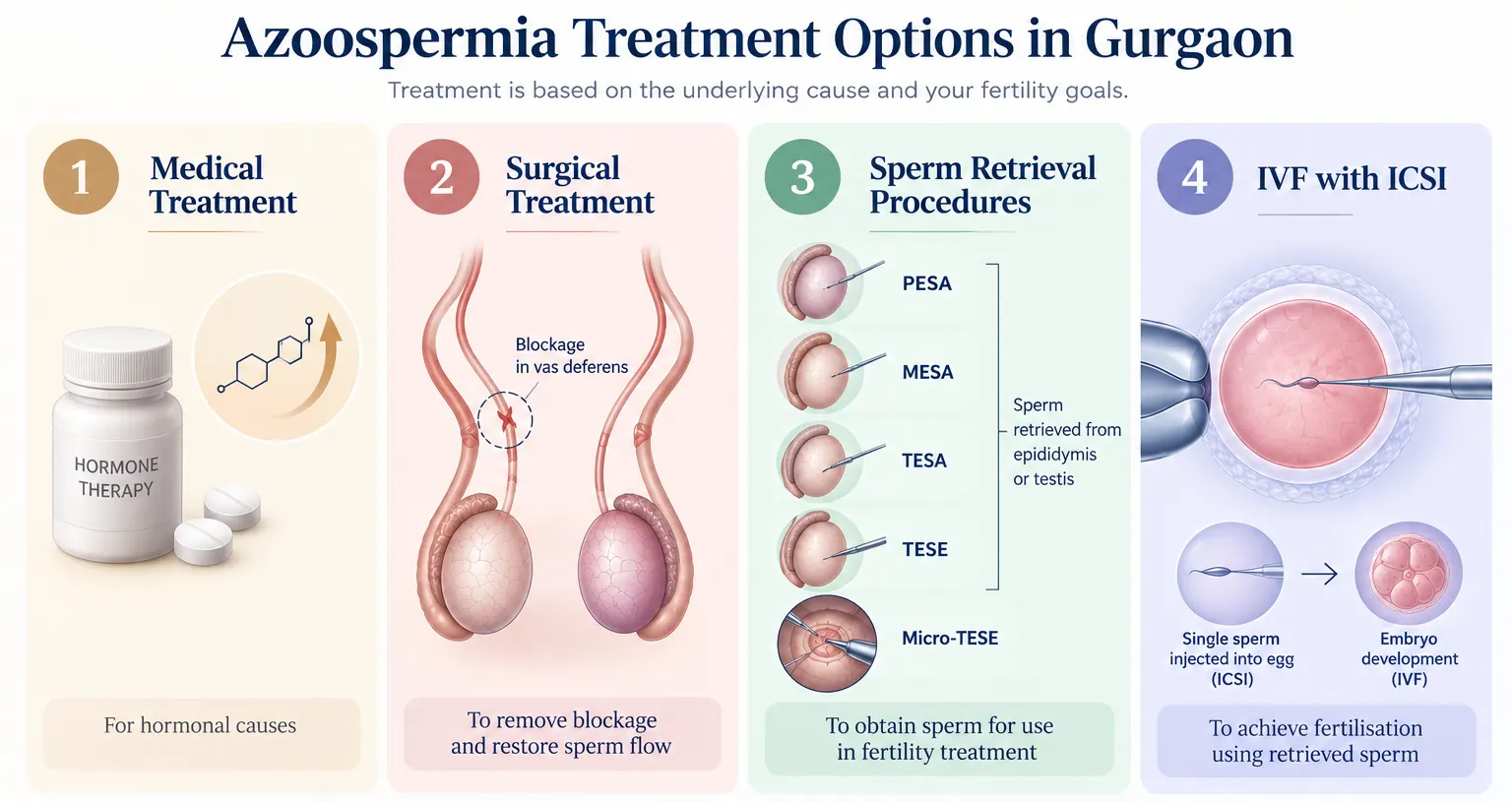 Azoospermia treatment options in Gurgaon including hormone therapy, surgery, sperm retrieval, and IVF with ICSI by Dr. Meenu Handa