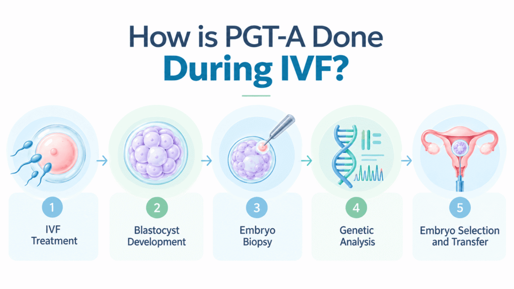 PGT-A process during IVF from embryo development to biopsy, genetic analysis and embryo transfer