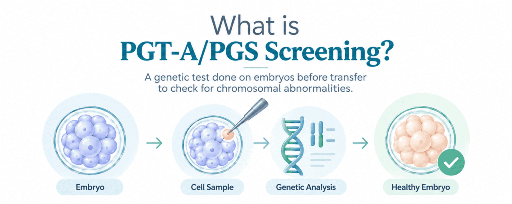 PGT-A embryo chromosome screening process showing embryo biopsy and genetic analysis during IVF